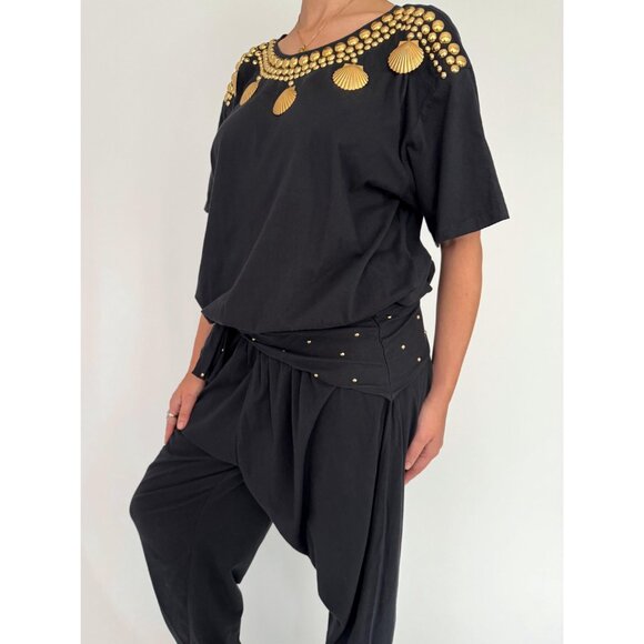 80s black embellished gold seashell studded funky loose cotton pant jumpsuit - Picture 6 of 10
